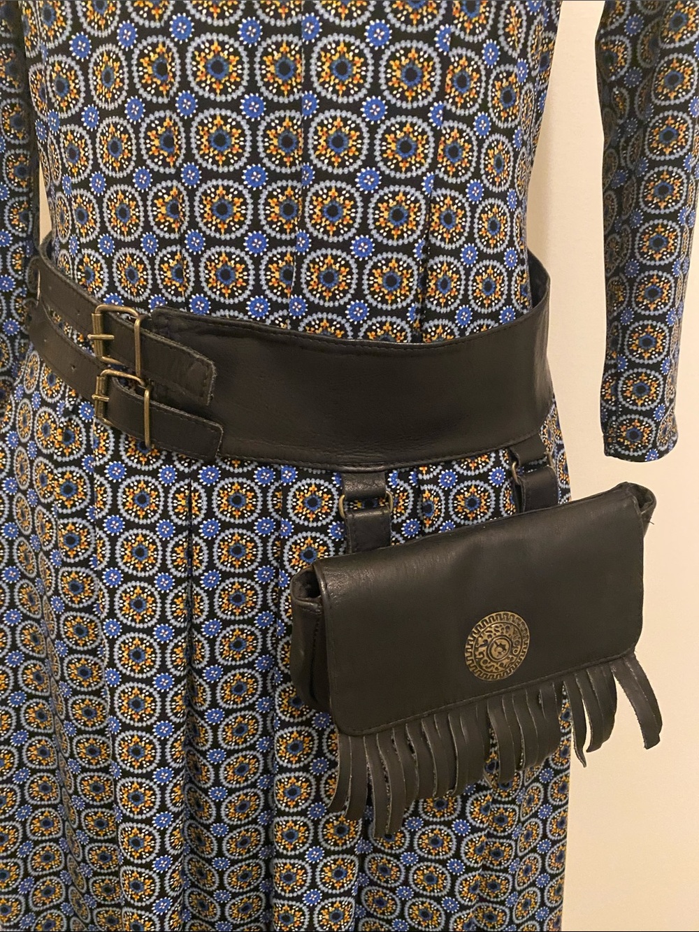 Barganza Leather Fringe Belt Bag with Brass Medallion. Unisex.